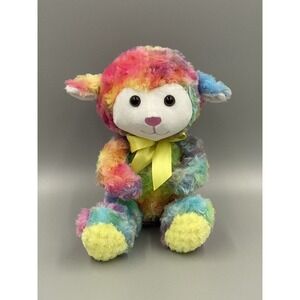 9.5” Colorful Lamb Sheep Tie Dye Plush Stuffed Animal W/ Yellow Ribbon Bow